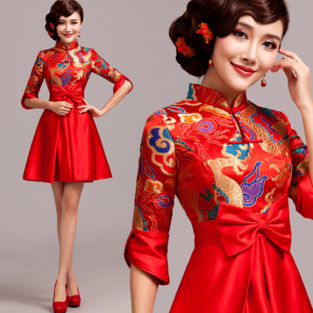 Chinese-red-qipao-inspired-mandarin-collar-A-line-cloud-brocade-mini-bridal-wedding-dress-001-456x456