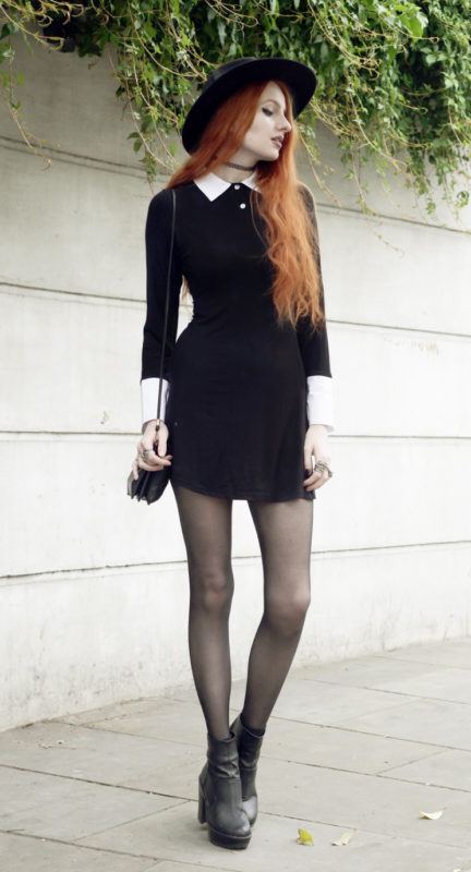 Black-dress-stockings-chunky-ankle-boots-and-a-fedora
