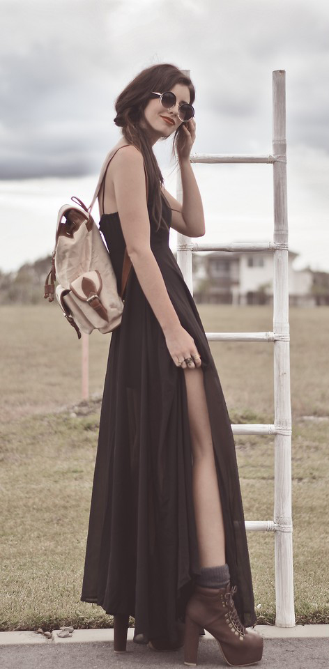 Draping-chiffon-dress-with-laced-up-heeled-boots-and-backpack