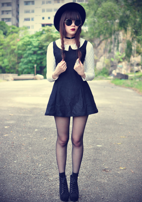 Woollen-lapel-neck-dress-with-stockings-and-a-pair-of-lace-up-ankle-boots