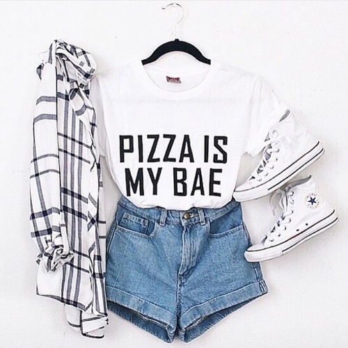 Oversized-Flannel-Shirt-with-Stripes-Pizza-is-my-Bae-shirt-Trainers-and-Shorts