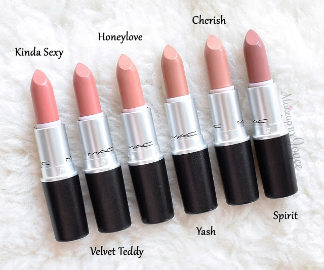 MAC Kinda Sexy Velvet Teddy Honeylove Yash Cherish Spirit Lipstick Swatches